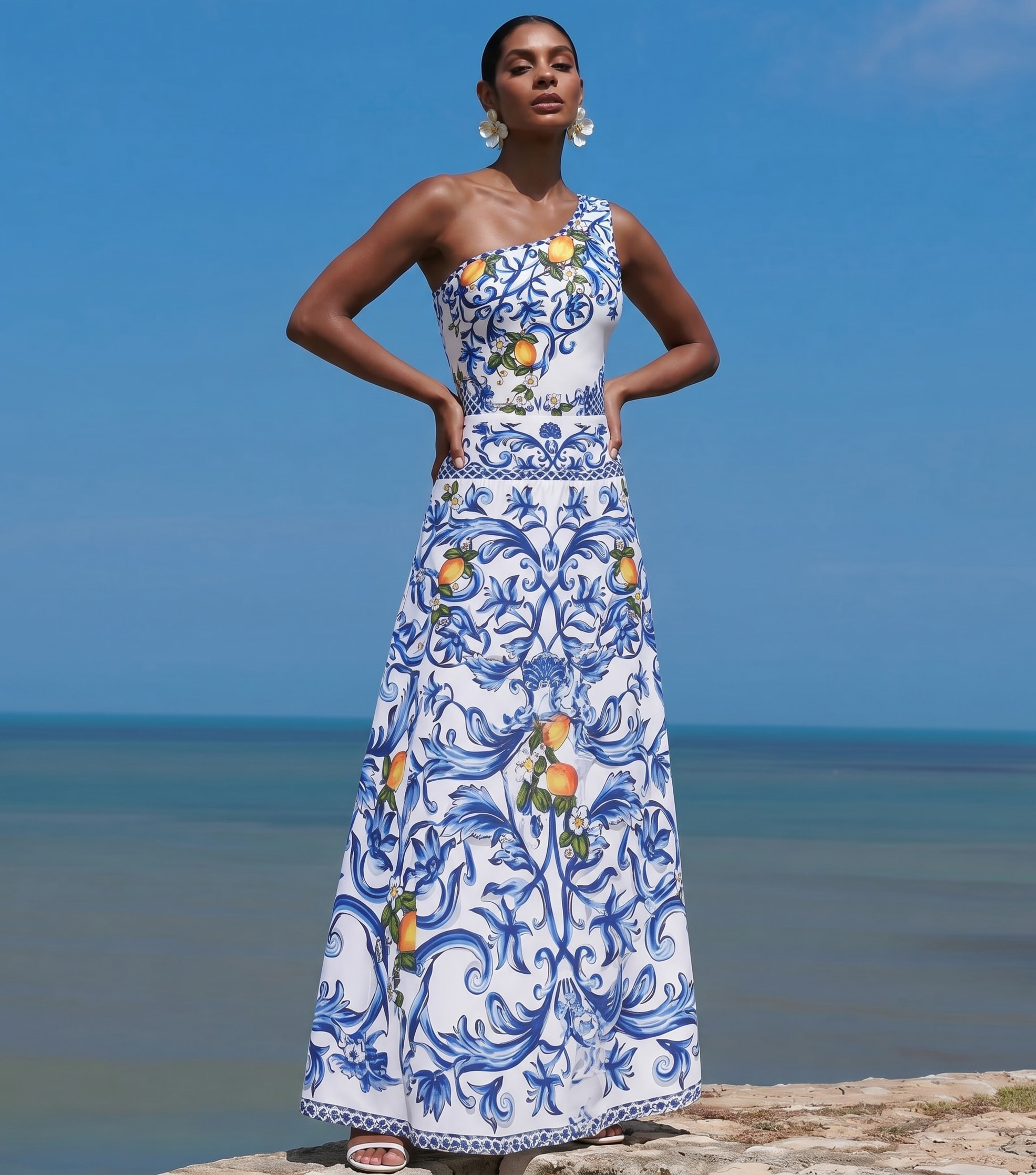 One Shoulder Lemon Printed Swimsuit Set(s)