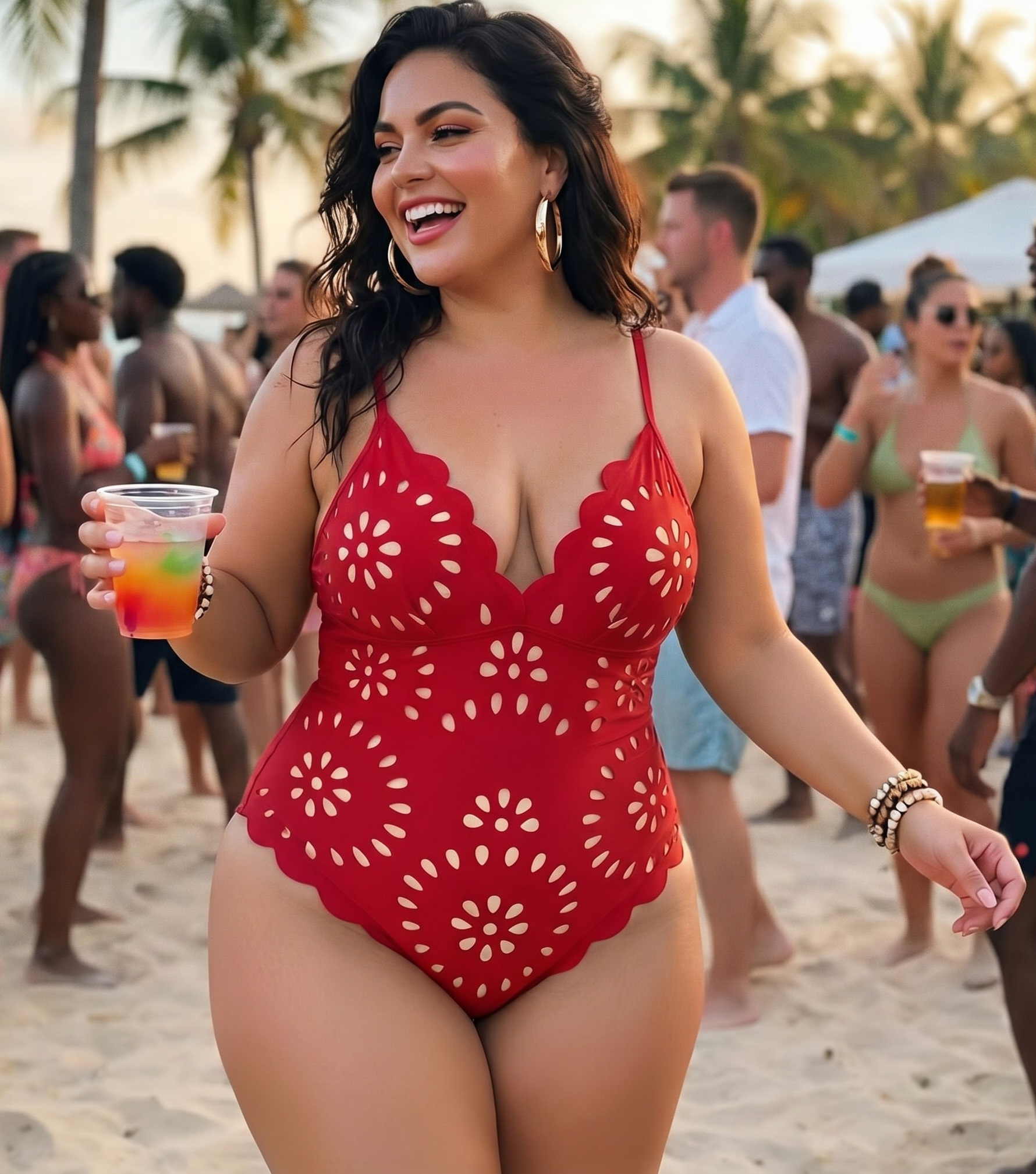 Plus Size Laser Flower Hollow One Piece Swimsuit and Skirt