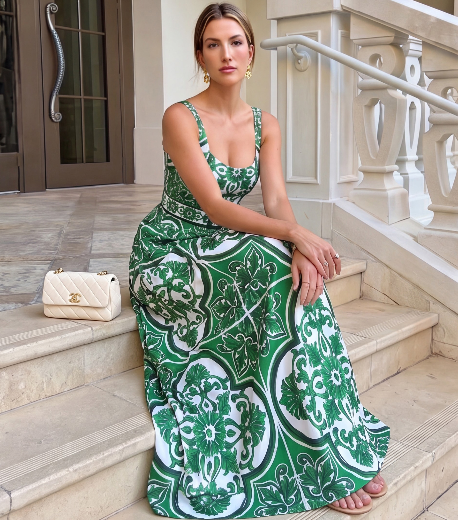 Classic Majolica Series Pattern Print One Piece Swimsuit and Pants or Skirt