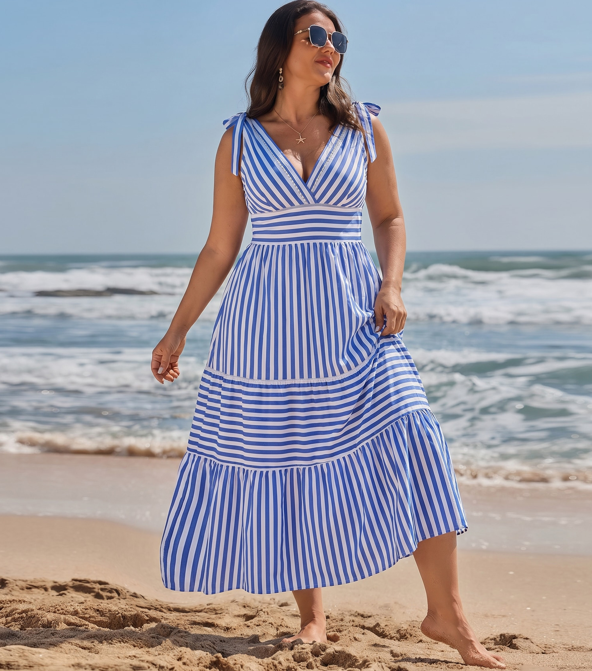 Plus Size Bowknot Striped Print One Piece Swimsuit and Skirt