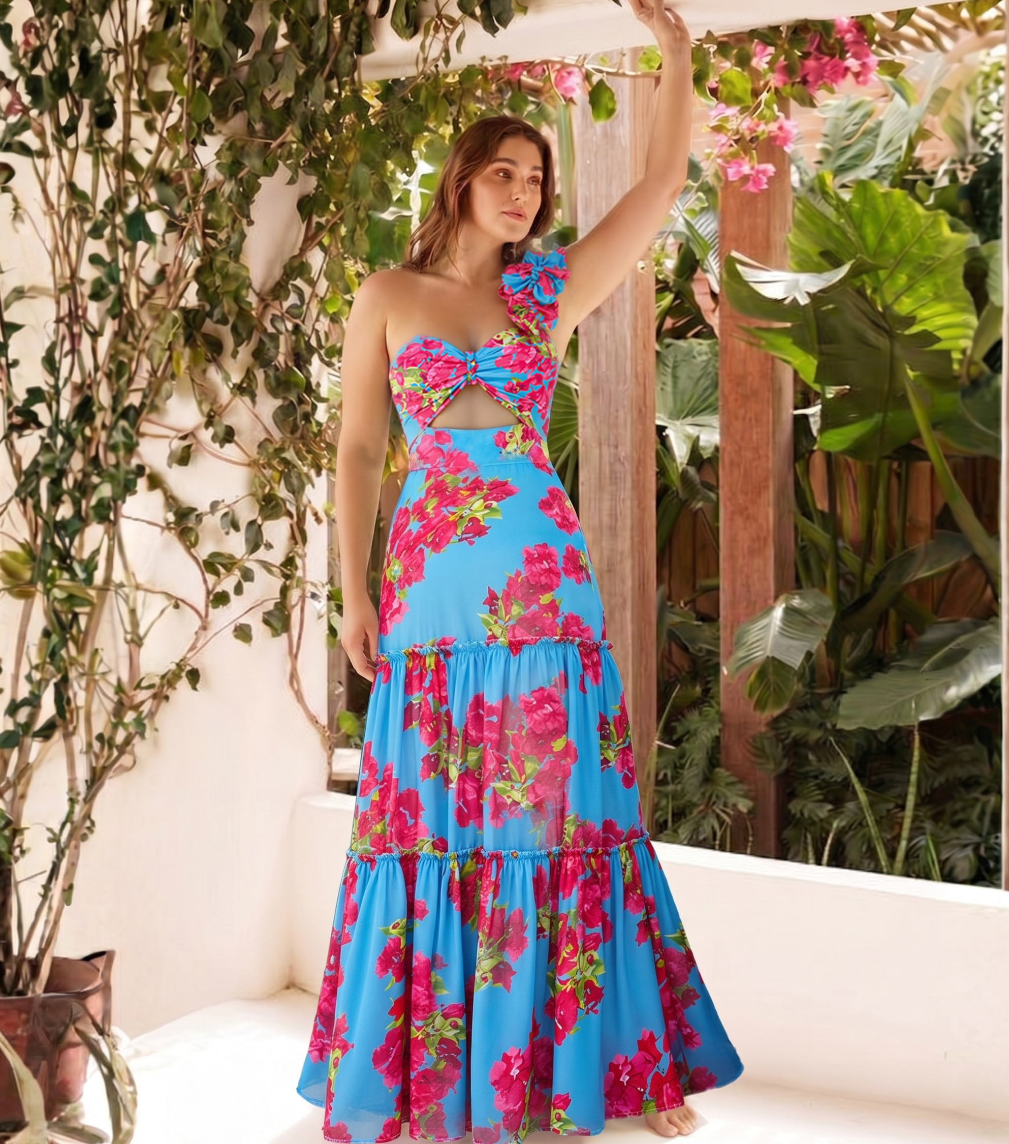 Plus Size Ruffle Removable Shoulder Strap Pink Bougainvillea Flower Swimsuit and Skirt