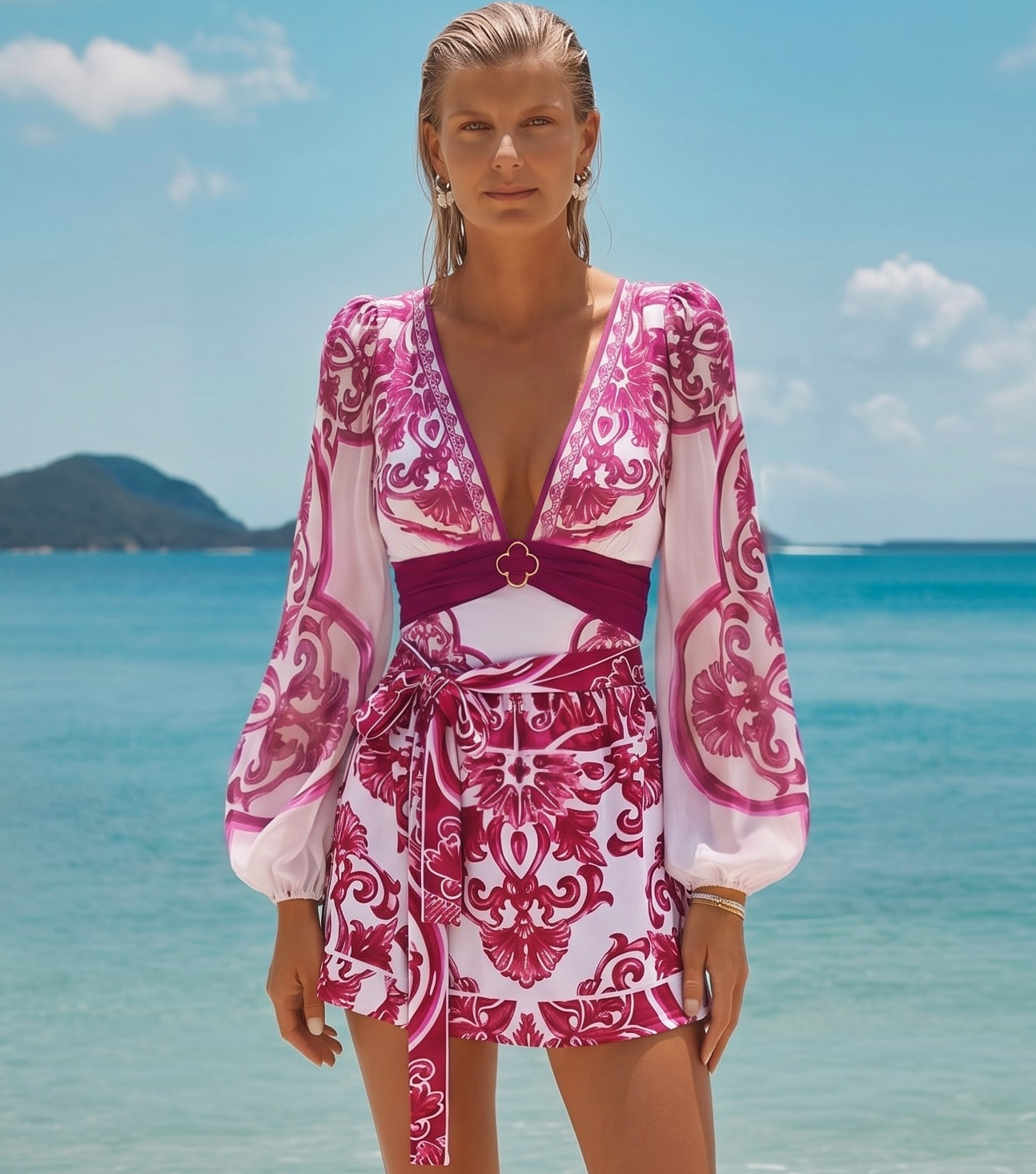 Long-Sleeved Classic Majolica Series Pattern Print One Piece Swimsuit and Skirt or Shorts