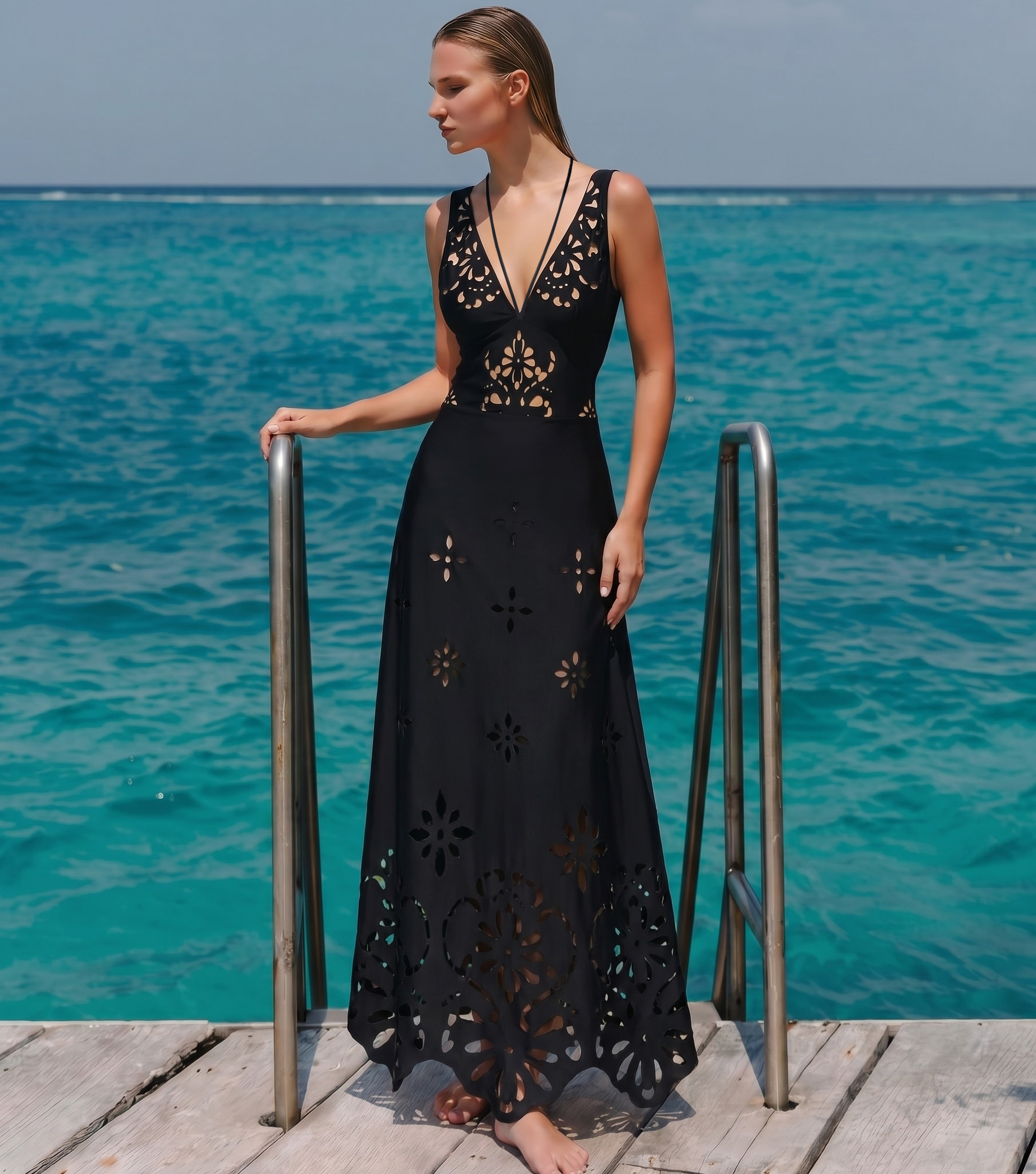 Plus Size Black V Neck Laser Cutting Flower Hollow One Piece Swimsuit and Skirt