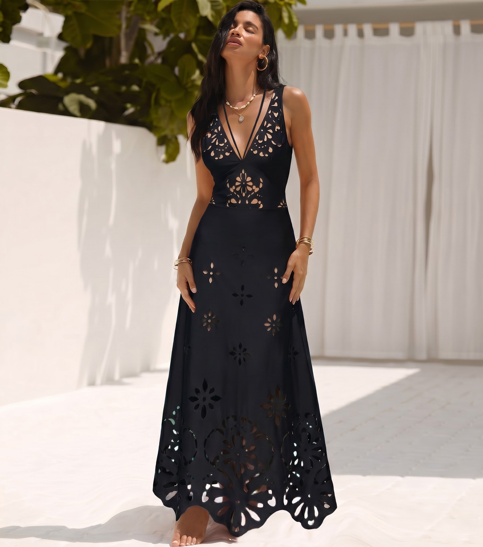 Plus Size Black V Neck Laser Cutting Flower Hollow One Piece Swimsuit and Skirt