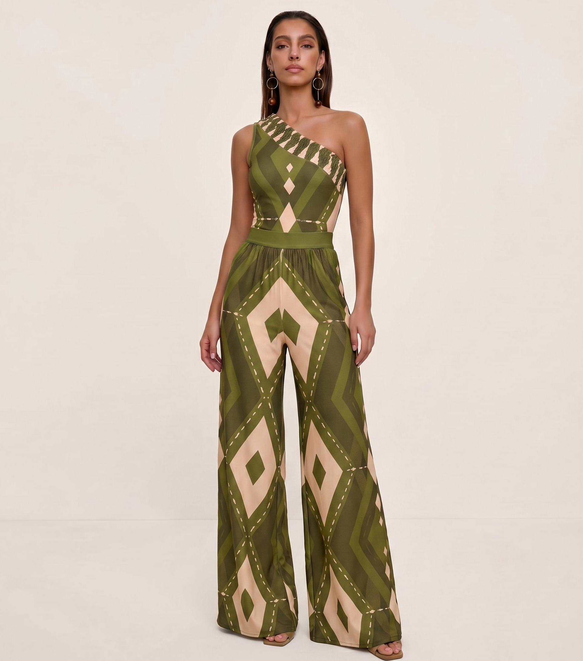 Plus Size One Shoulder Geometric Pattern Print One Piece Swimsuit and Pants