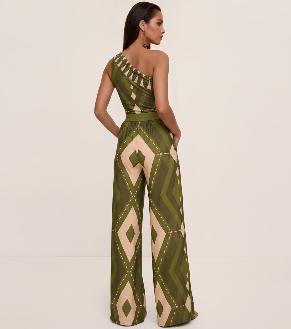 Plus Size One Shoulder Geometric Pattern Print One Piece Swimsuit and Pants