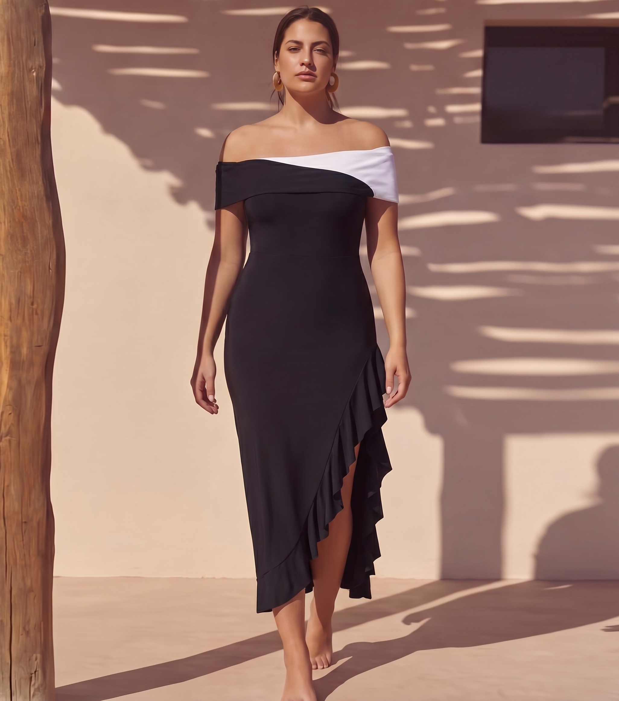 Plus Size Off Shoulder Color Block One Piece Swimsuit and Skirt