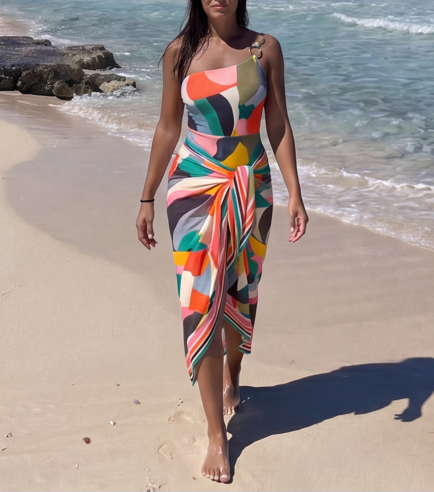 O Ring One Shoulder Printed One Piece Swimsuit and Sarong