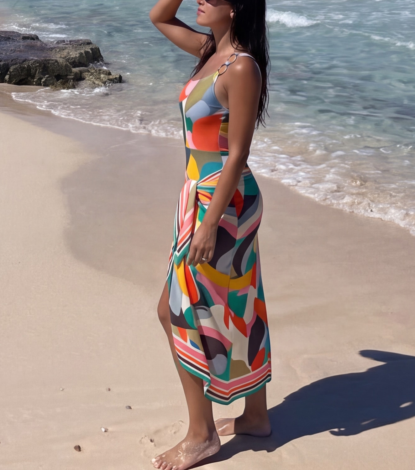 O Ring One Shoulder Printed One Piece Swimsuit and Sarong