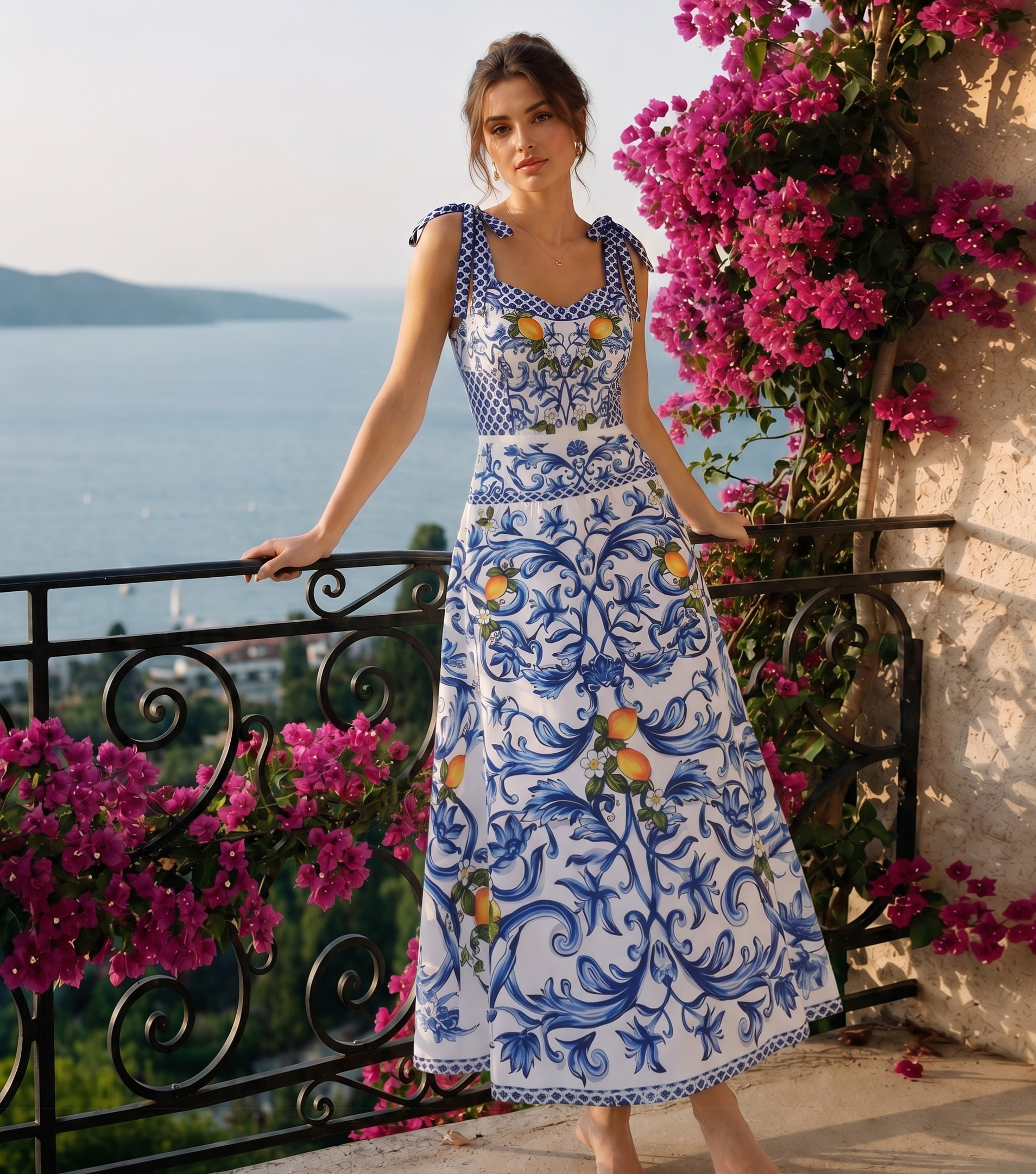 Plus Size Bowknot Shoulder Lemon Printed Swimsuit Set(s)