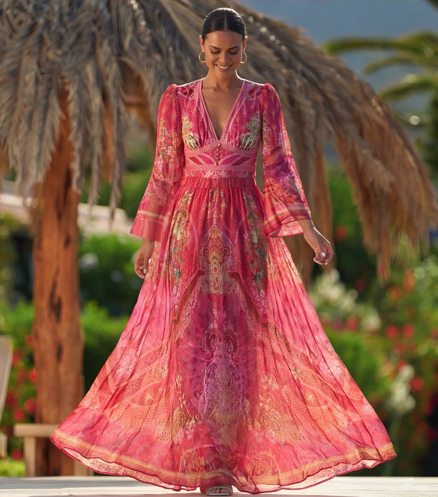 Long-sleeved Rose Red Blooming Flower Print One Piece Swimsuit and Skirt