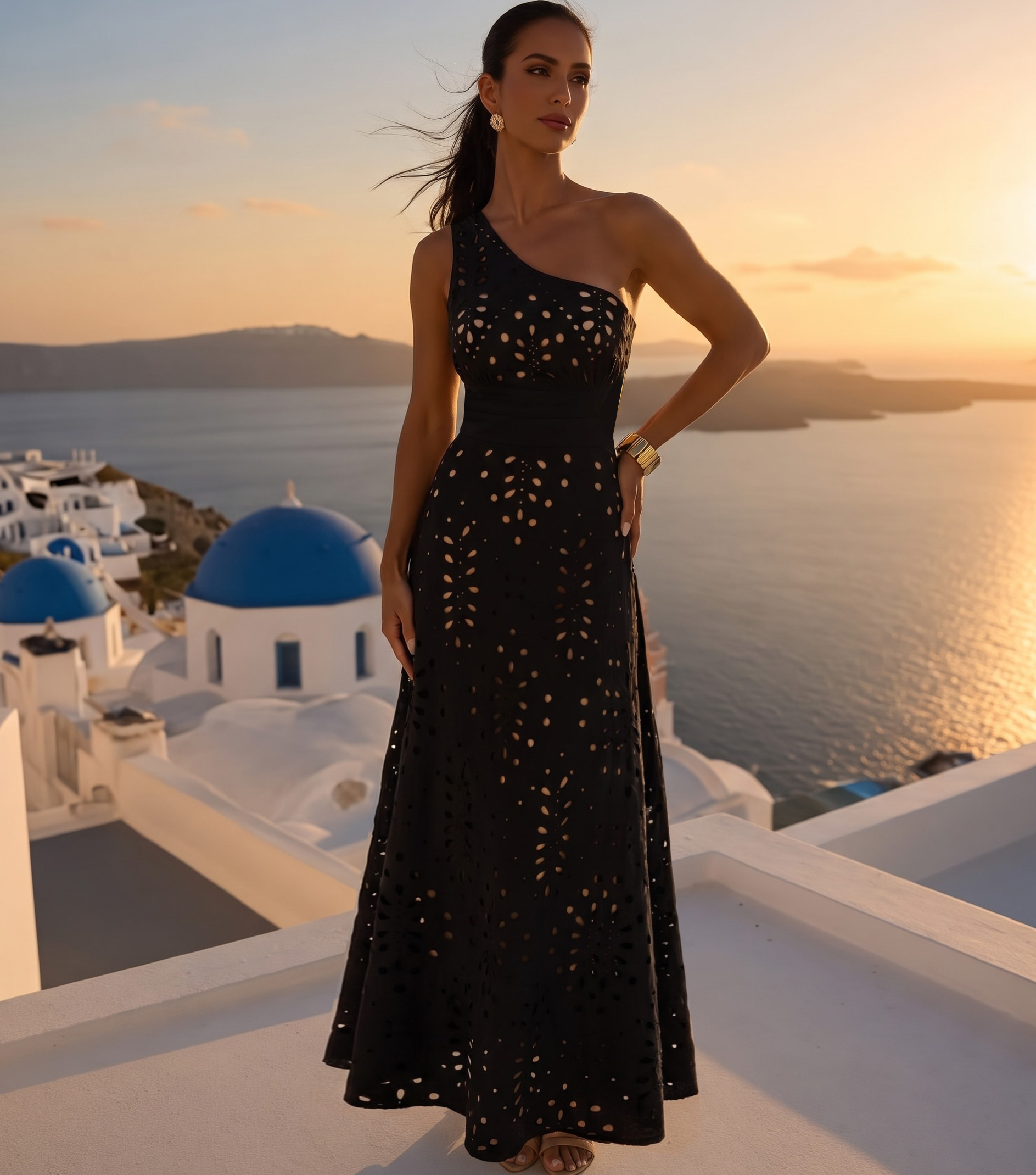 One Shoulder Tummy Control Black Laser Cutting Flower Swimsuit Set(s)