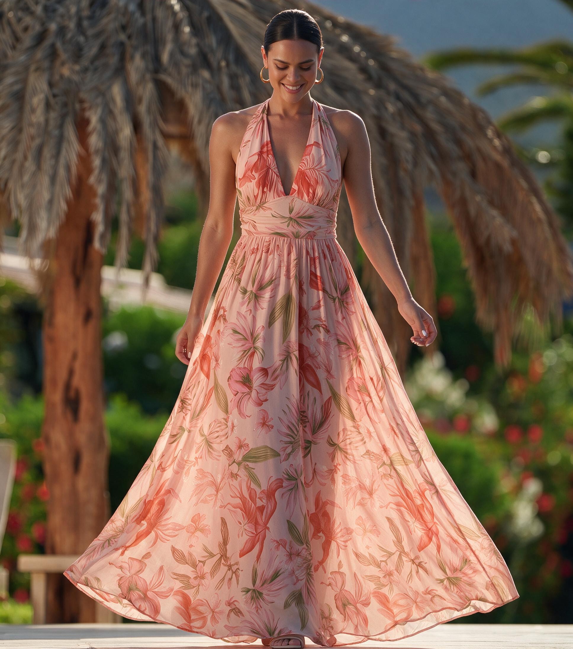 V-neck Pink Lily Print Swimsuit Set(s)