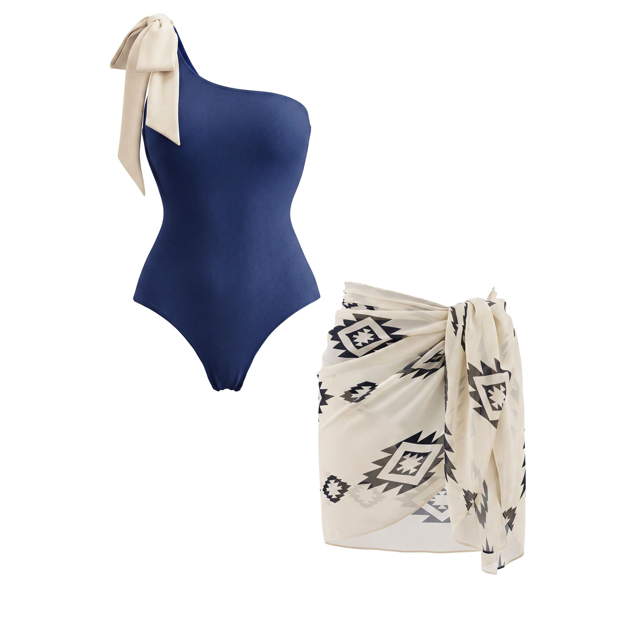 One Shoulder Bow Blue Solid Color Swimsuit Set(s)