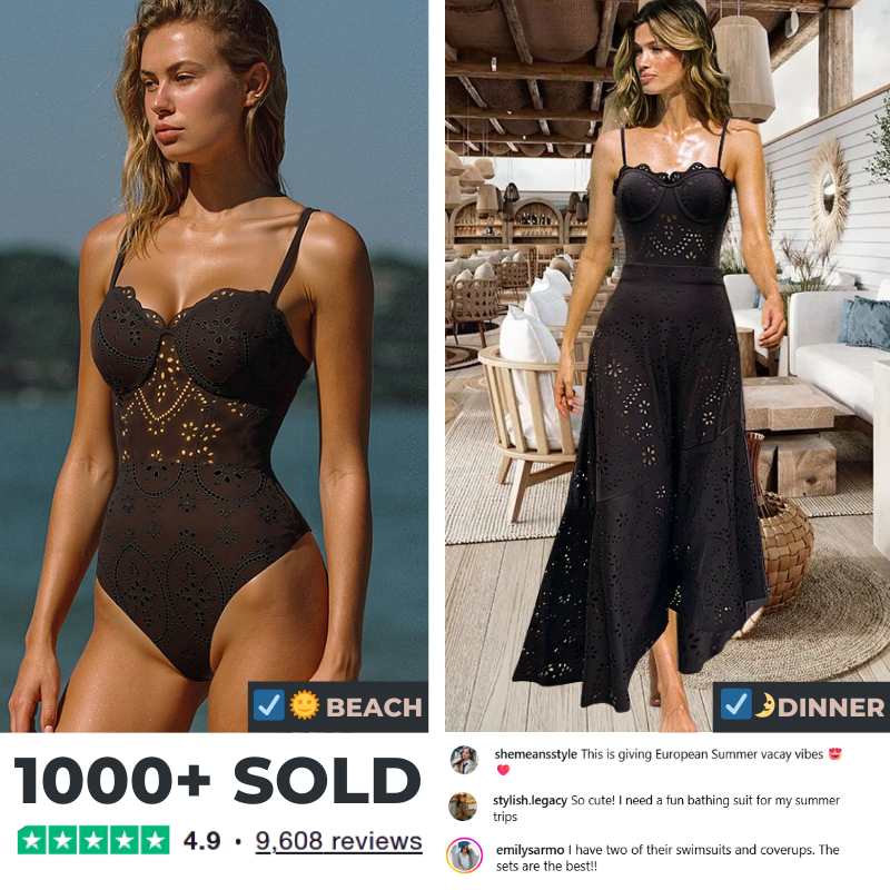 Black Laser Cut Hollow One Piece Swimsuit and Skirt