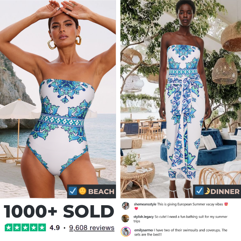 Off Shoulder Majolica Print One Piece Swimsuit and Sarong or Pants