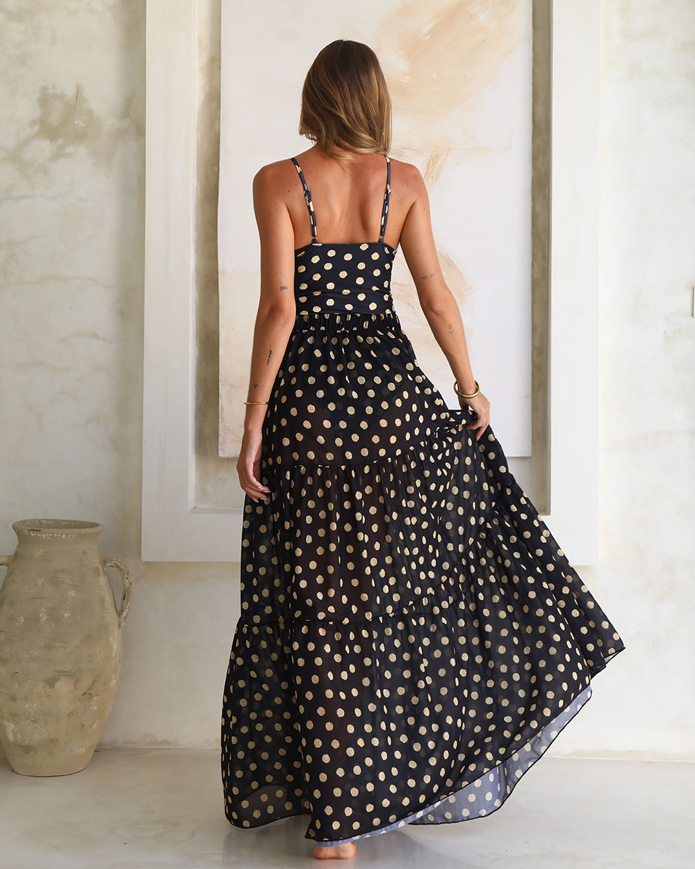 Black and Gold Polka Dots V-neck One Piece Swimsuit and Skirt