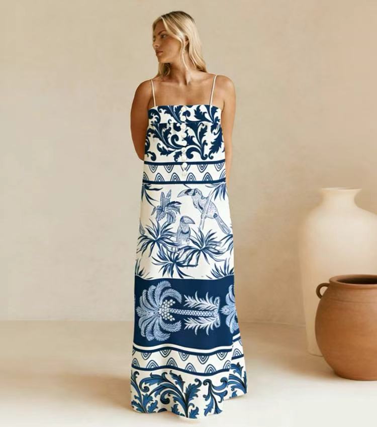 Blue Palm Print Midi Dress