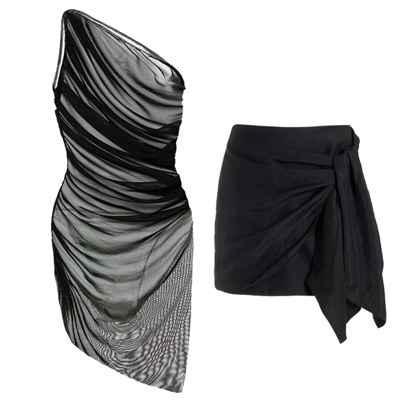 Sheer Mesh Pleated One Shoulder One Piece Swimsuit