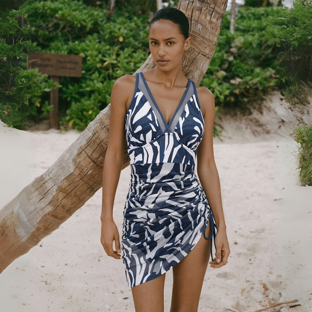 Tummy Control Slimming Mesh Sheer Sarong Wraps Bathing Suit Swim Dress