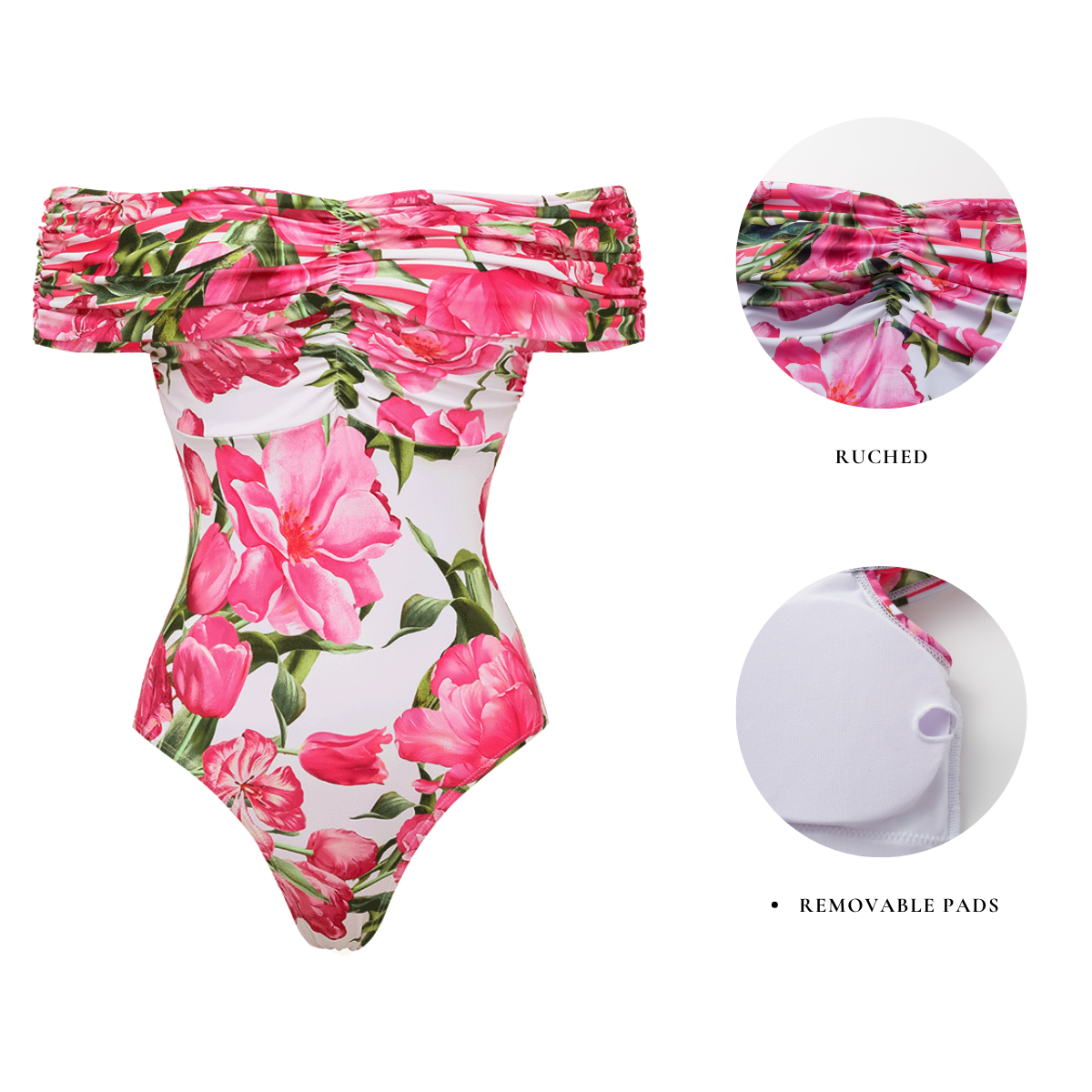 Ruched Off Shoulder Flower Print One Piece Swimsuit and Skirt