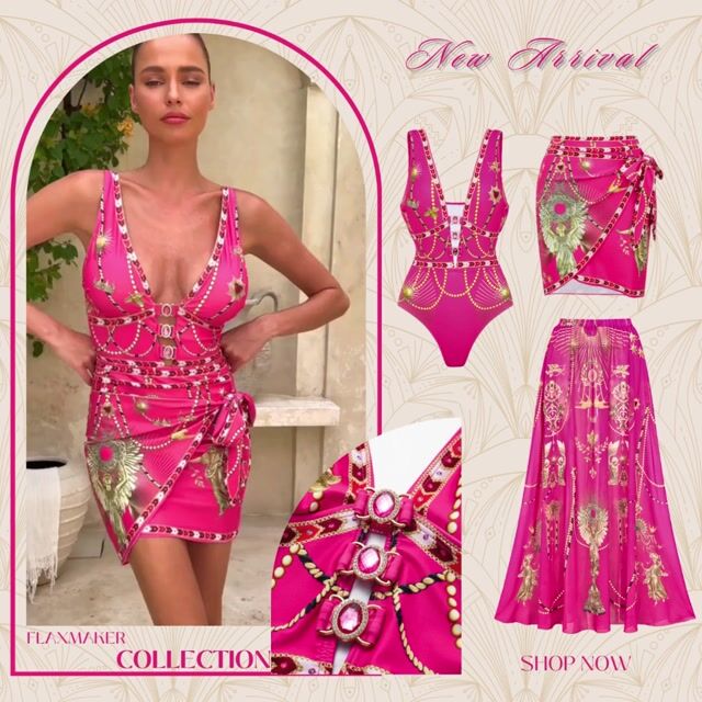 Hollow Metallic Pattern Printing One Piece Swimsuit and Skirt