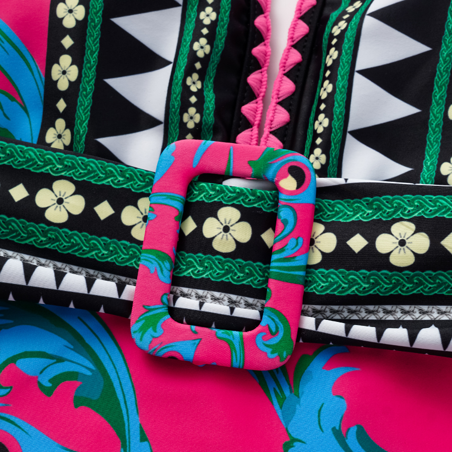 Long-sleeved Peacock Totem Print One Piece Swimsuit and Sarong Flaxmaker