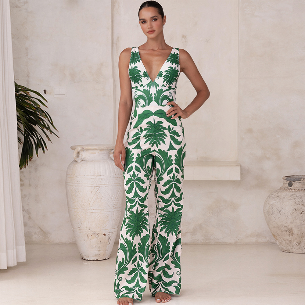 V Neck Printed Knotted at Waist One Piece Swimsuit and Pants Flaxmaker