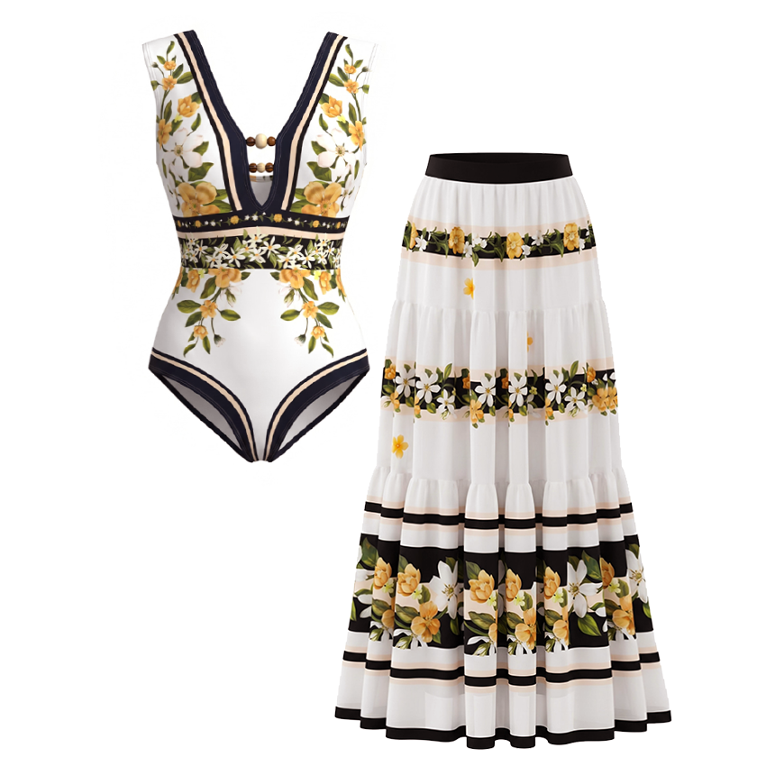 [Copy]V Neck Bead Accents Blue-Pink-Orange Ombre Flower Print Swimsuit Set(s)