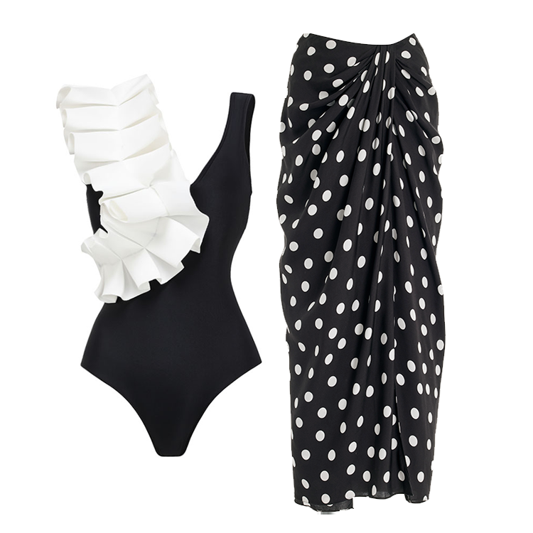 Ruffle Fold Polka Dot Printed One Piece Swimsuit and Sarong Flaxmaker