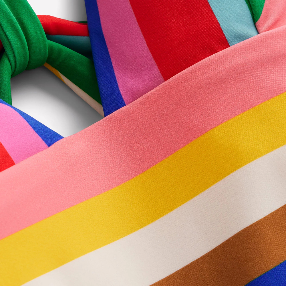 Colorful Stripe Print V-neck One Piece Swimsuit and Skirt