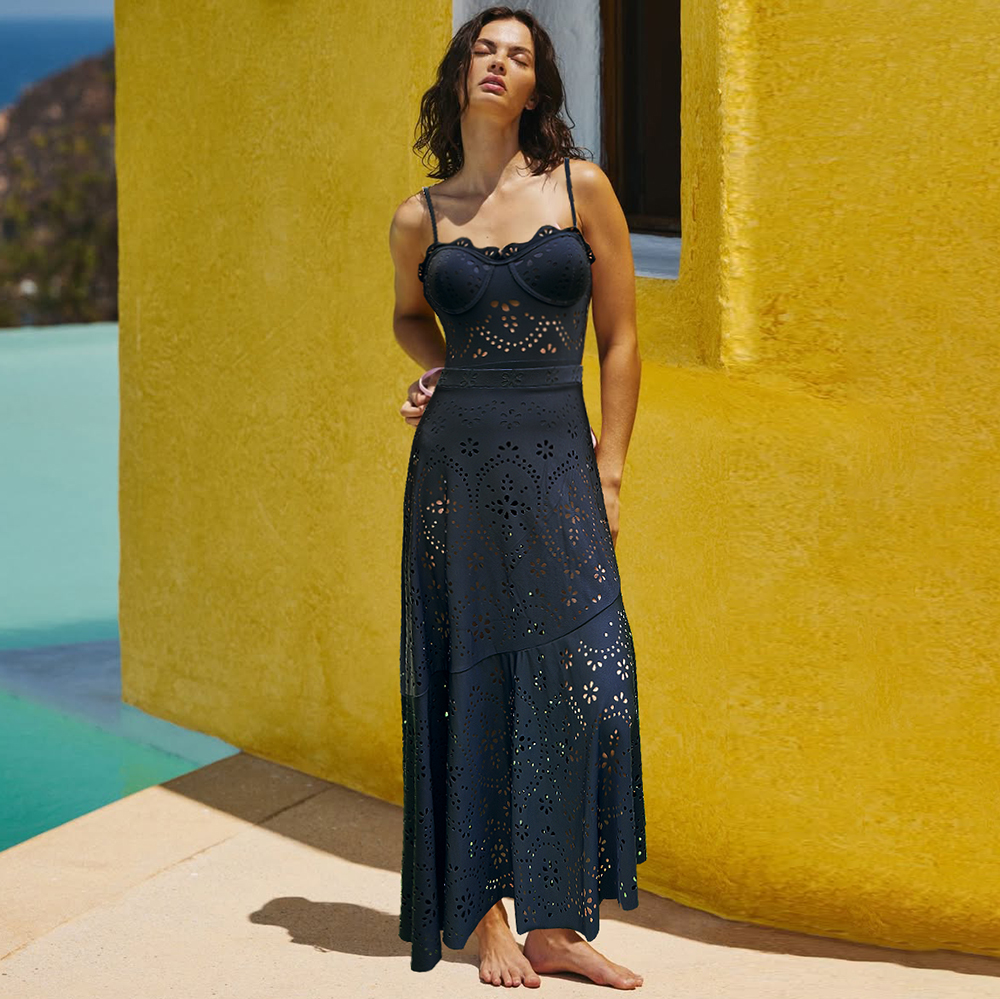 Black Laser Cut Hollow One Piece Swimsuit and Skirt