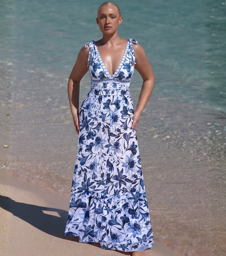 Plus Size V Neck Lace Up Printed One Piece Swimsuit and Skirt