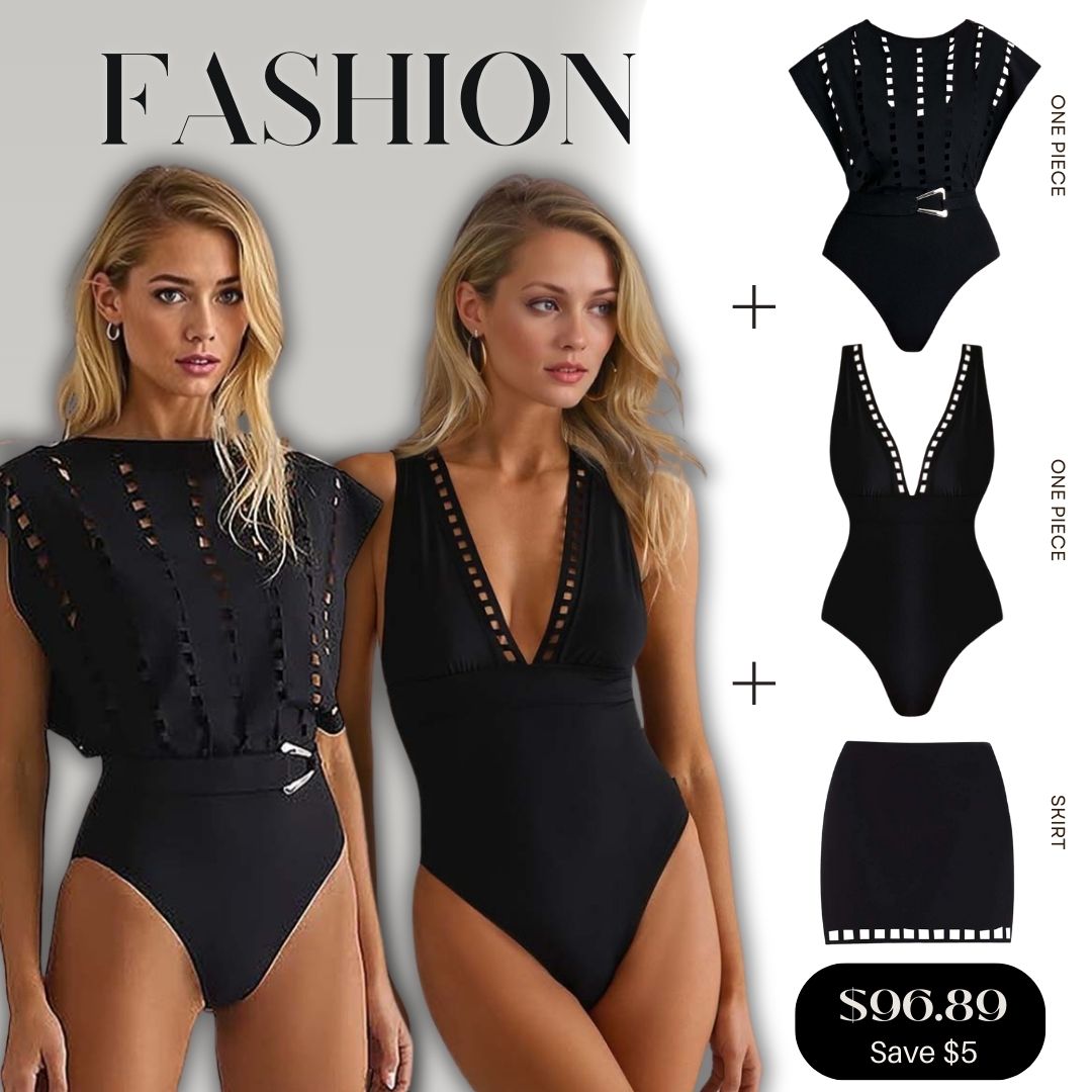 Black Hollow Design One Piece Swimsuit and Skirt