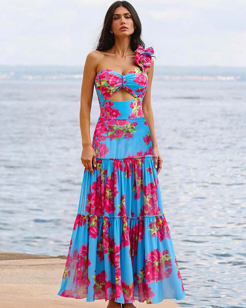 Ruffle Removable Shoulder Strap Pink Bougainvillea Flower Printed One Piece Swimsuit and Skirt Flaxmaker