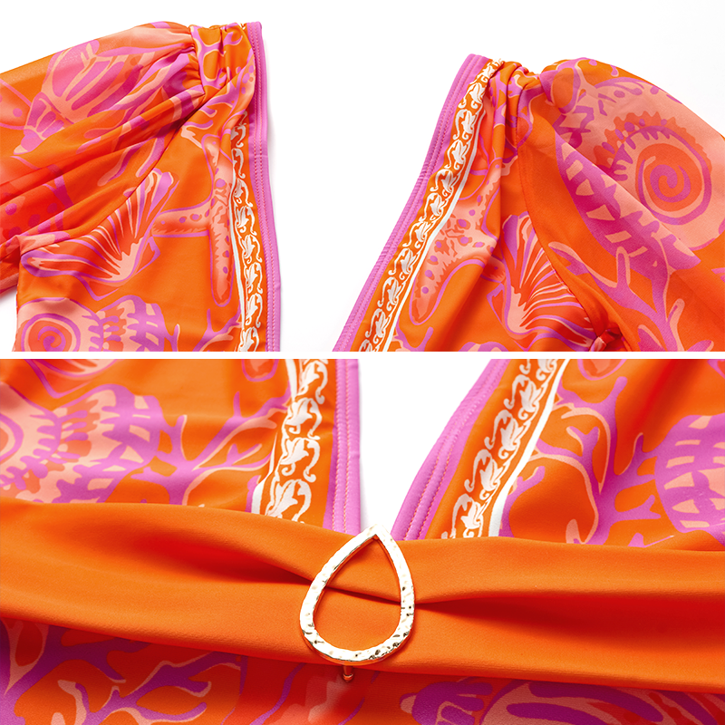 Long-sleeved V Neck Marine Plant Pattern Print One Piece Swimsuit and Skirt