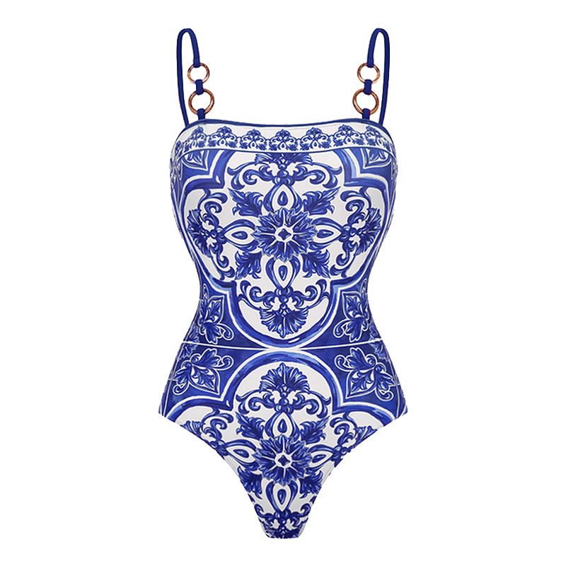 Sling Classic Majolica Series Pattern Print One Piece Swimsuit and Skirt or Shorts