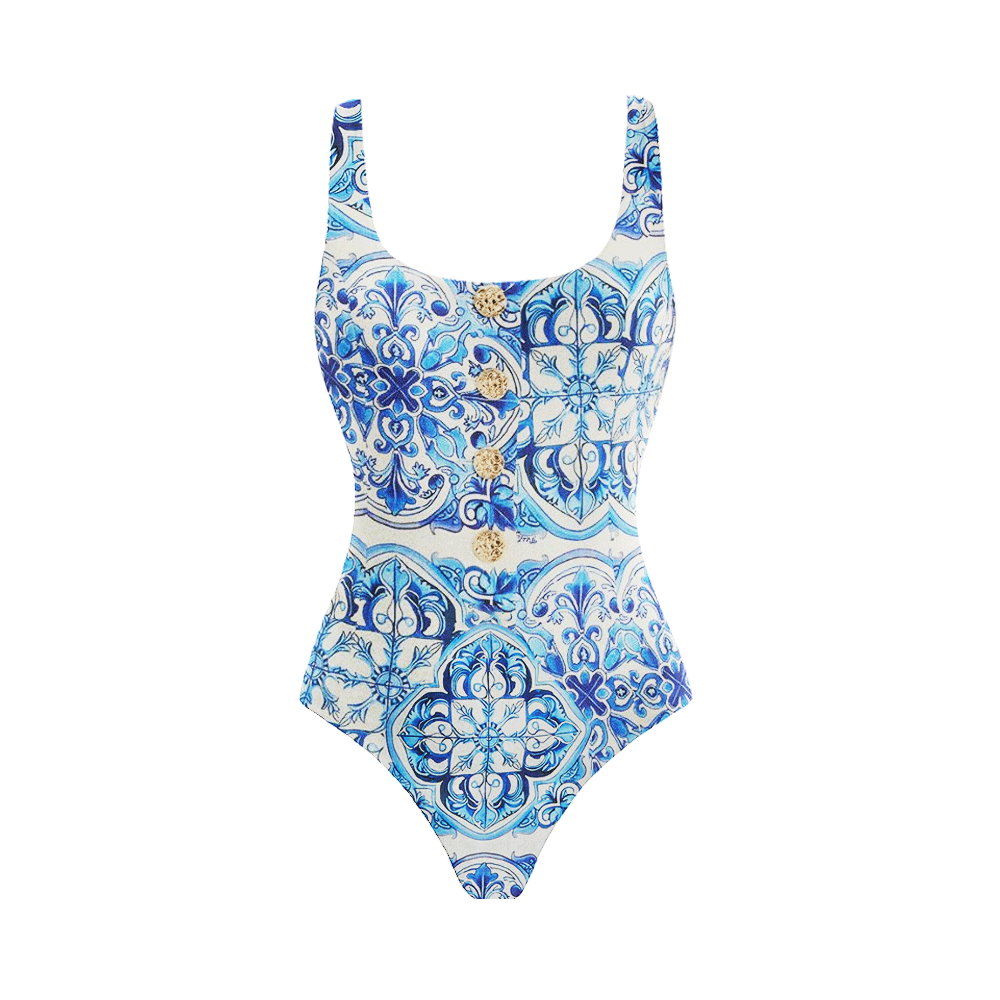 Button Decoration Vintage Print One Piece Swimsuit and Skirt