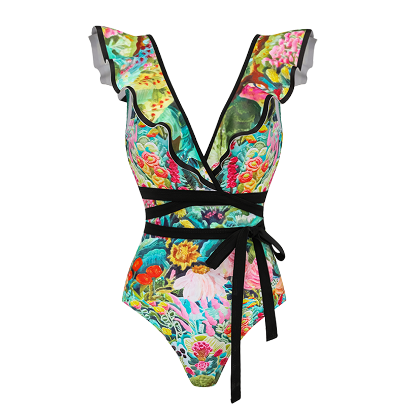 V Neck Bow-tie Oil Painting Print One Piece Swimsuit and Sarong