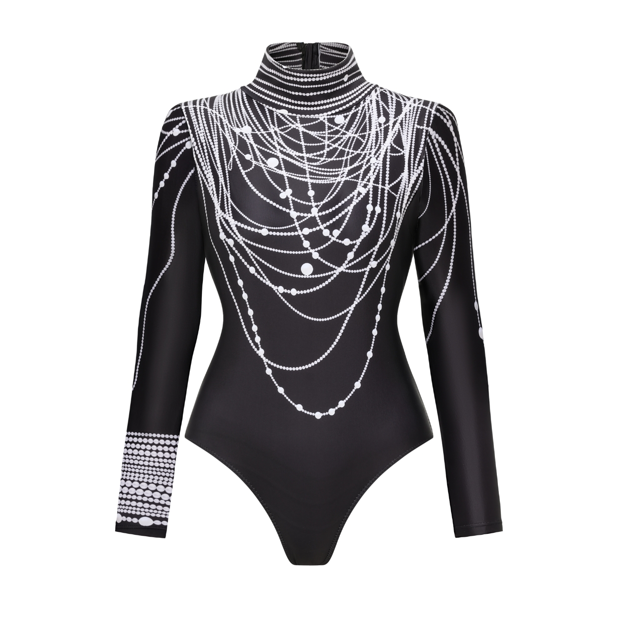 Long-Sleeved Pearl Print Surfing One Piece Swimsuit and Sarong