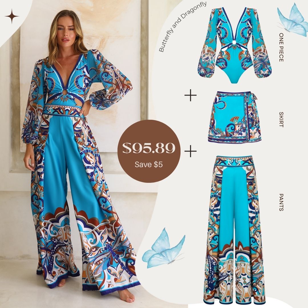 Butterfly and Dragonfly Long Sleeve Hollow Print One Piece Swimsuit and Skirt