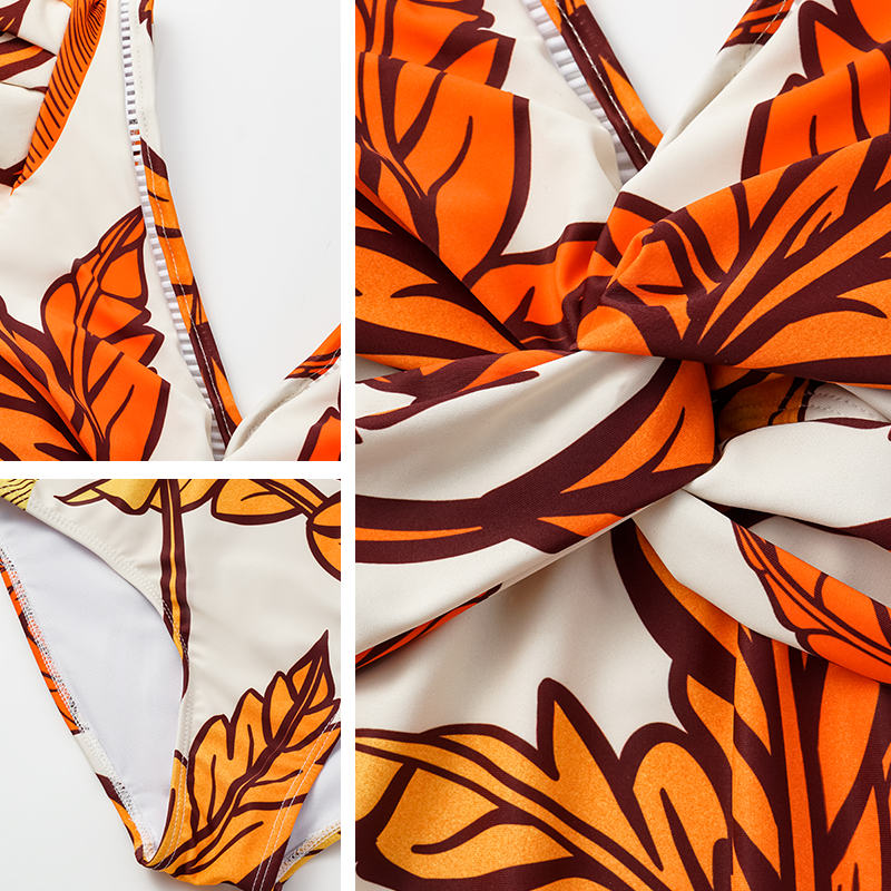 V Neck Ruffle Shoulder Tropical Plant Pattern Printed  One Piece Swimsuit and Sarong Flaxmaker