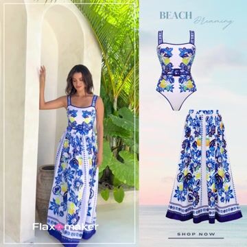 Sling Lemon and Creative Pattern Print One Piece Swimsuit and Skirt