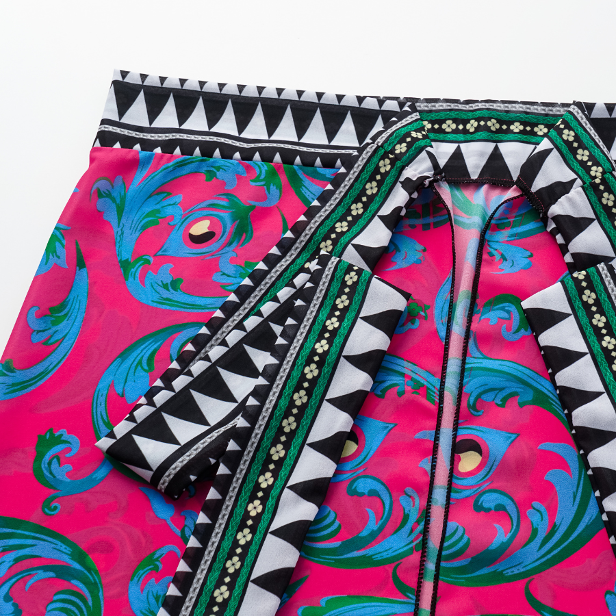 Long-sleeved Peacock Totem Print One Piece Swimsuit and Sarong Flaxmaker