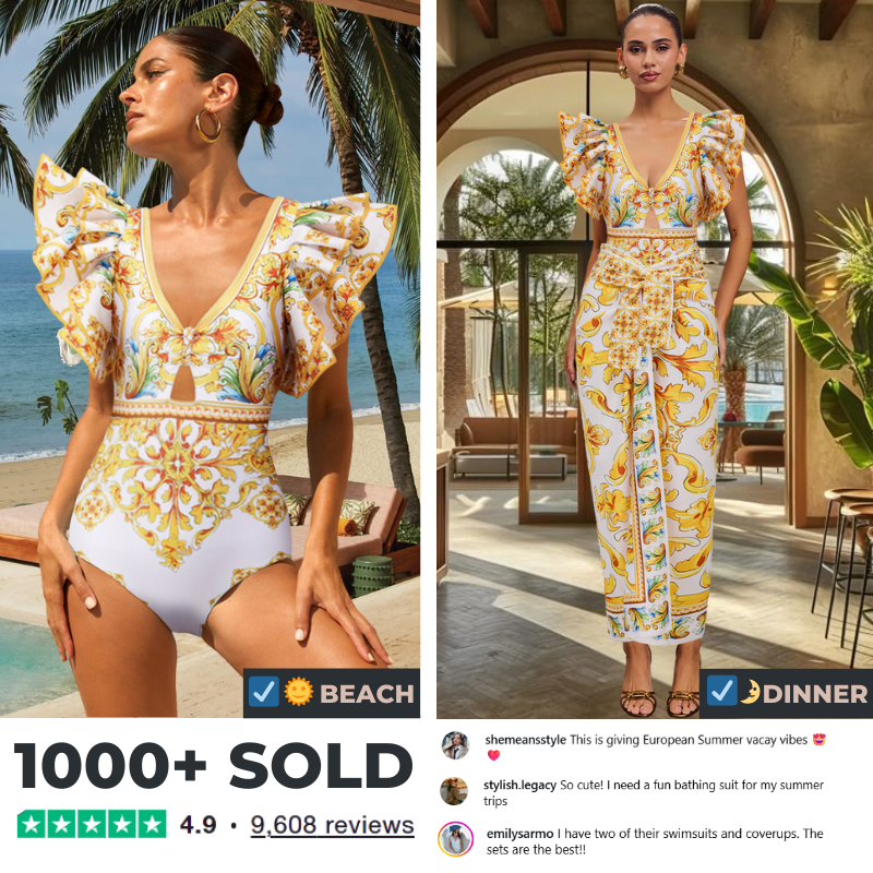 Ruffle V Neck  Golden Majolica Print One Piece Swimsuit and Scooter skirt