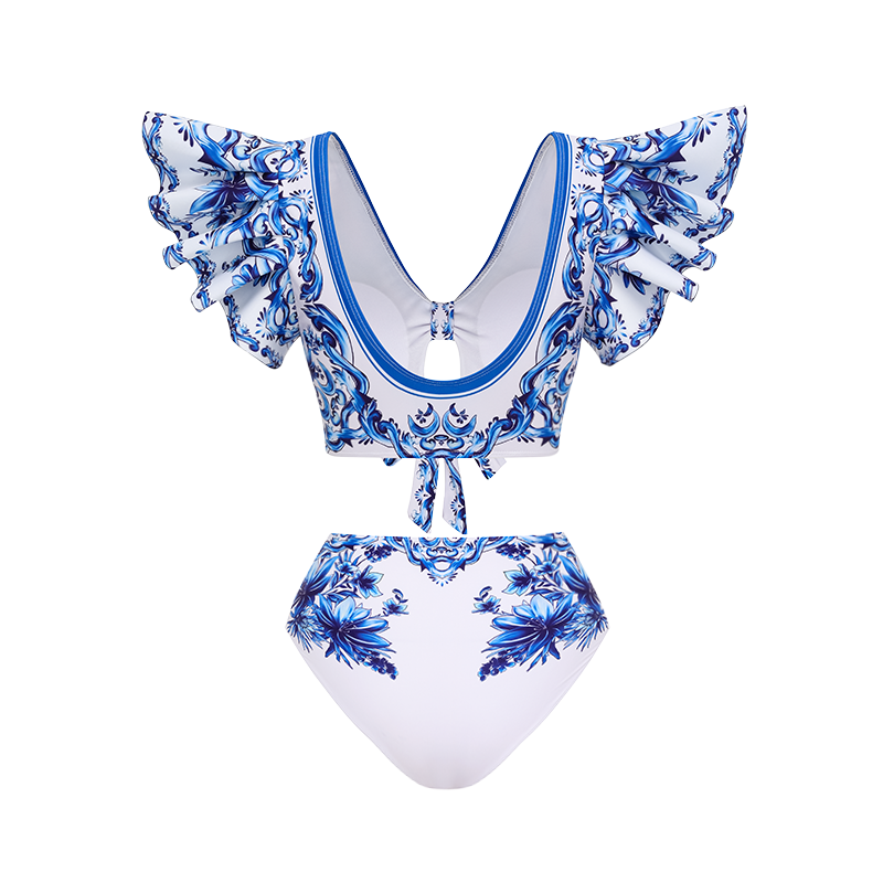 Ruffle V Neck Blue Majolica Print High Waist Bikini Swimsuit and Skirt or Pants