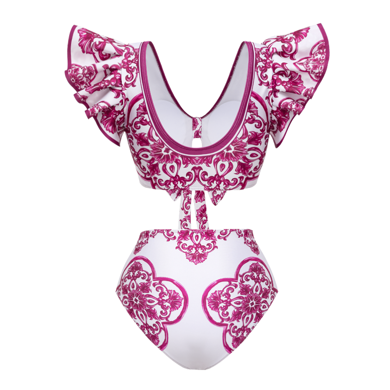 Ruffle Classic Majolica Series Pattern Print Bikini Swimsuit and Skirt or Shorts