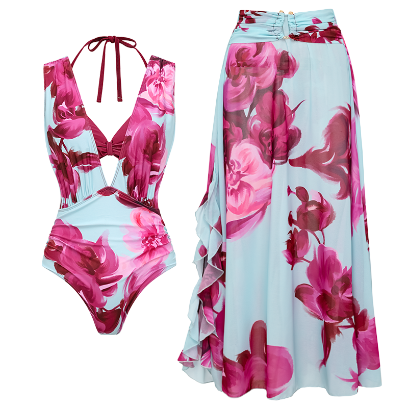 Abstract Floral Printed Two-piece Swimsuit and Skirt