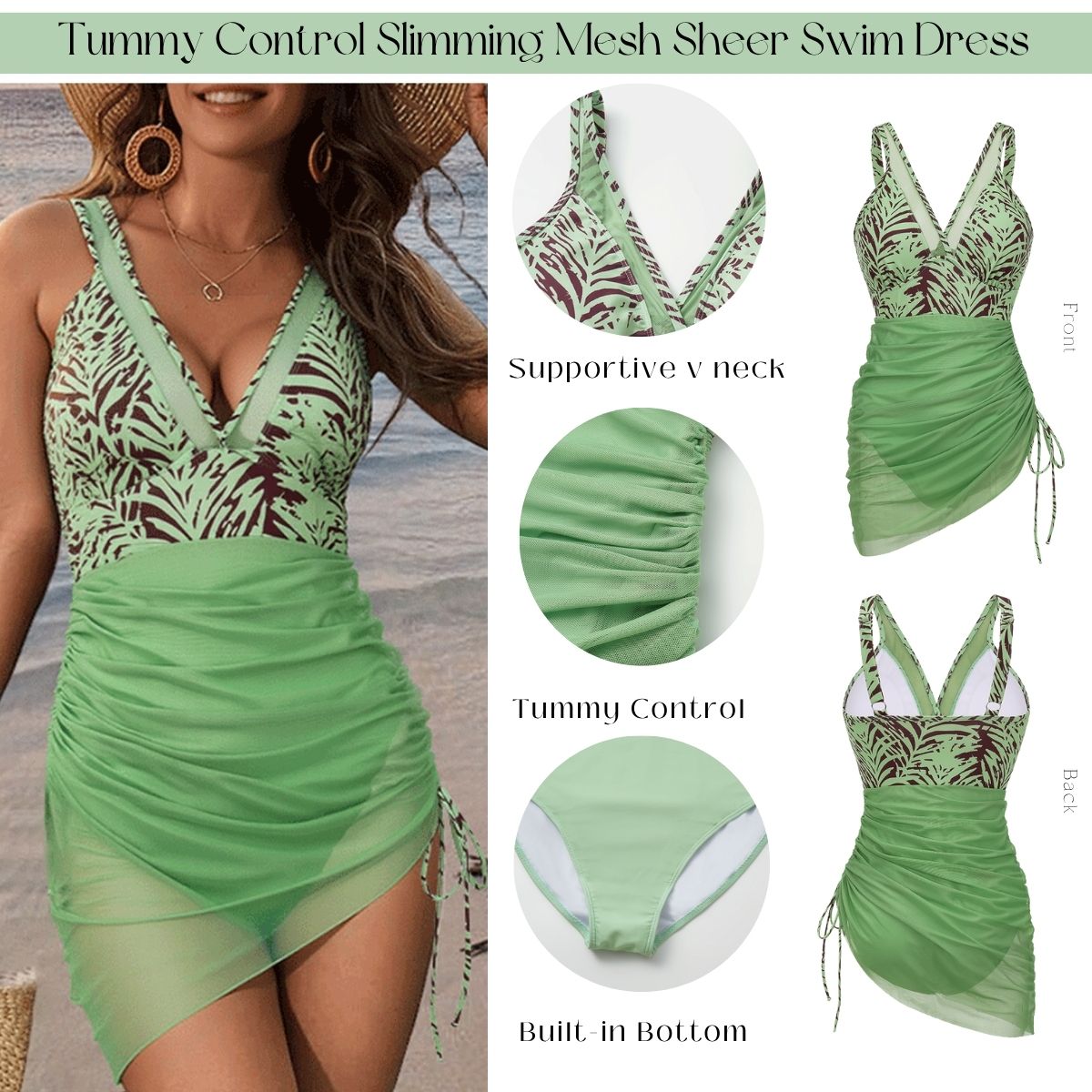 Plus Size V Neck Leaves Print Tummy Control Slimming Mesh Sheer Sarong Wraps Bathing Suit Swim Dress