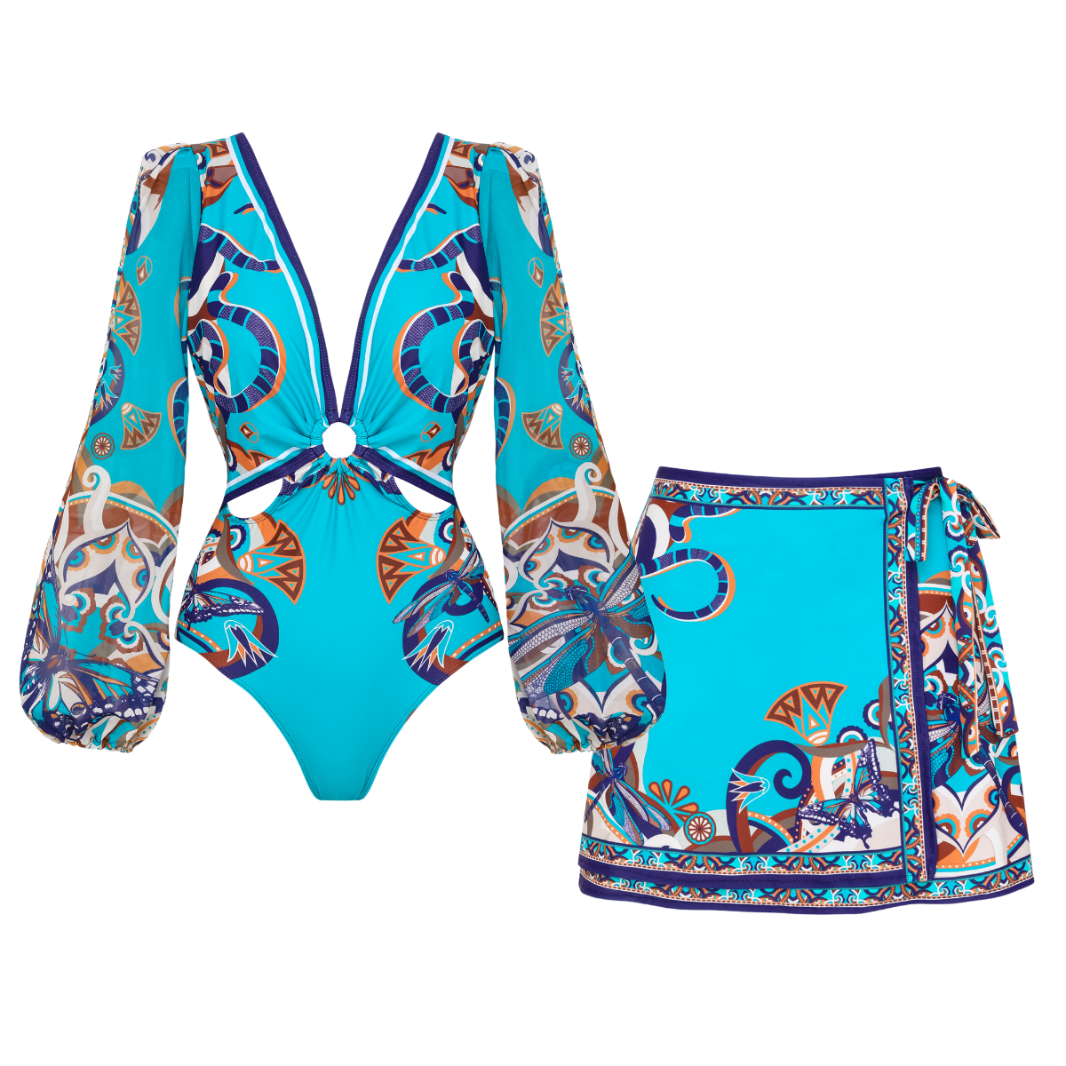Butterfly and Dragonfly Long Sleeve Hollow Print One Piece Swimsuit and Skirt
